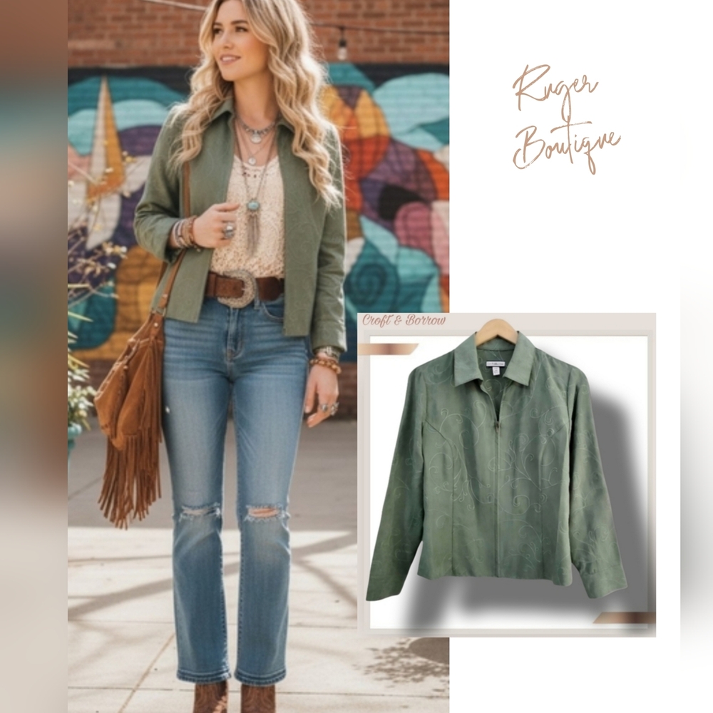 🌿Croft & Barrow Jacket Blazer Women's Petite Medium Olive Green Embroidered
